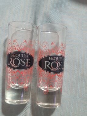 Tequila Rose Branded Clear Shot Glasses with Red Scroll Design - Set of 2
